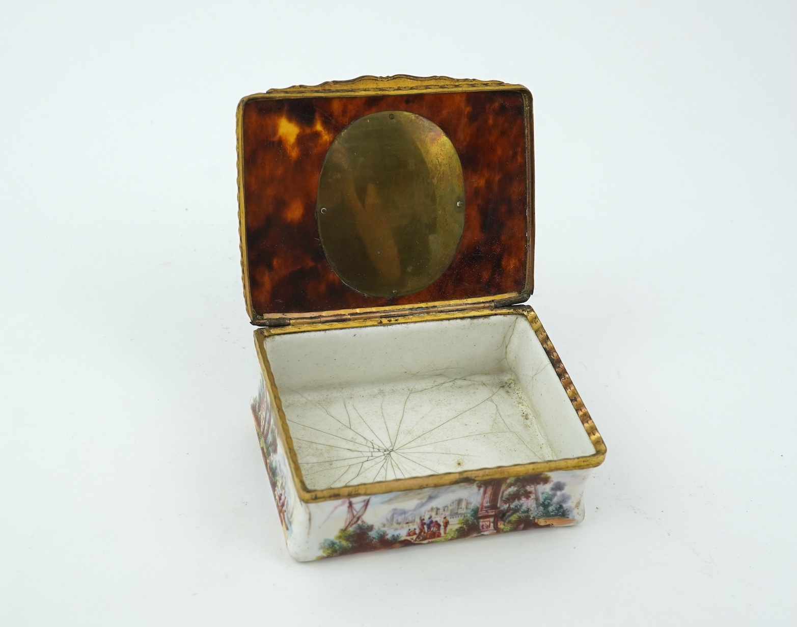 A Continental enamel on copper and tortoiseshell mounted portrait snuffbox, late 18th/early 19th century